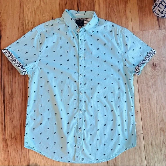 Denim & Flower Ricky Singh Mens Palm Tree Teal Collared Shirt Sz L slim fit NWOT - Picture 1 of 11